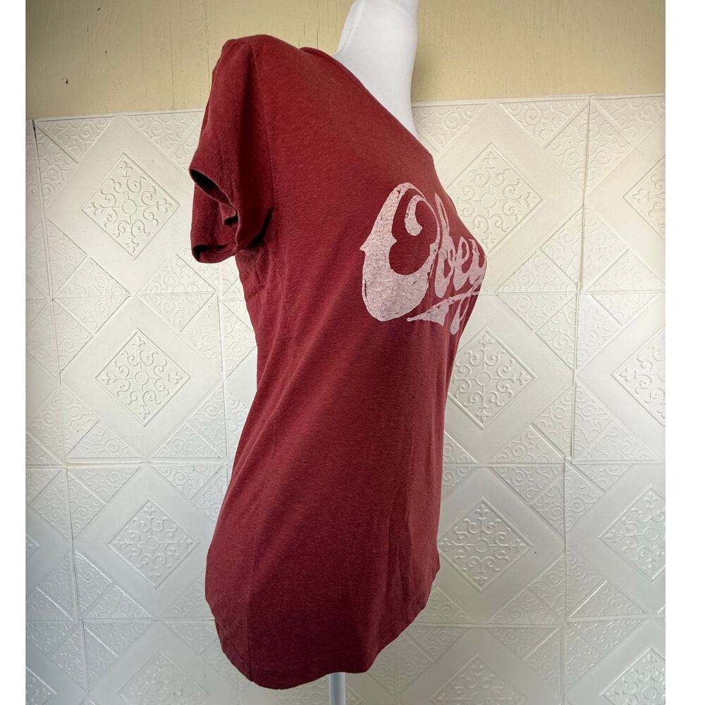 SKU2487 OBEY Women's Small Burnt Red Graphic Logo T-Shirt Made in USA - Picture 3 of 7